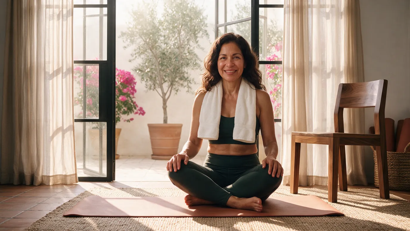 Mujer sentada sobre un tapete de pilates, descansando después de practicar en casa