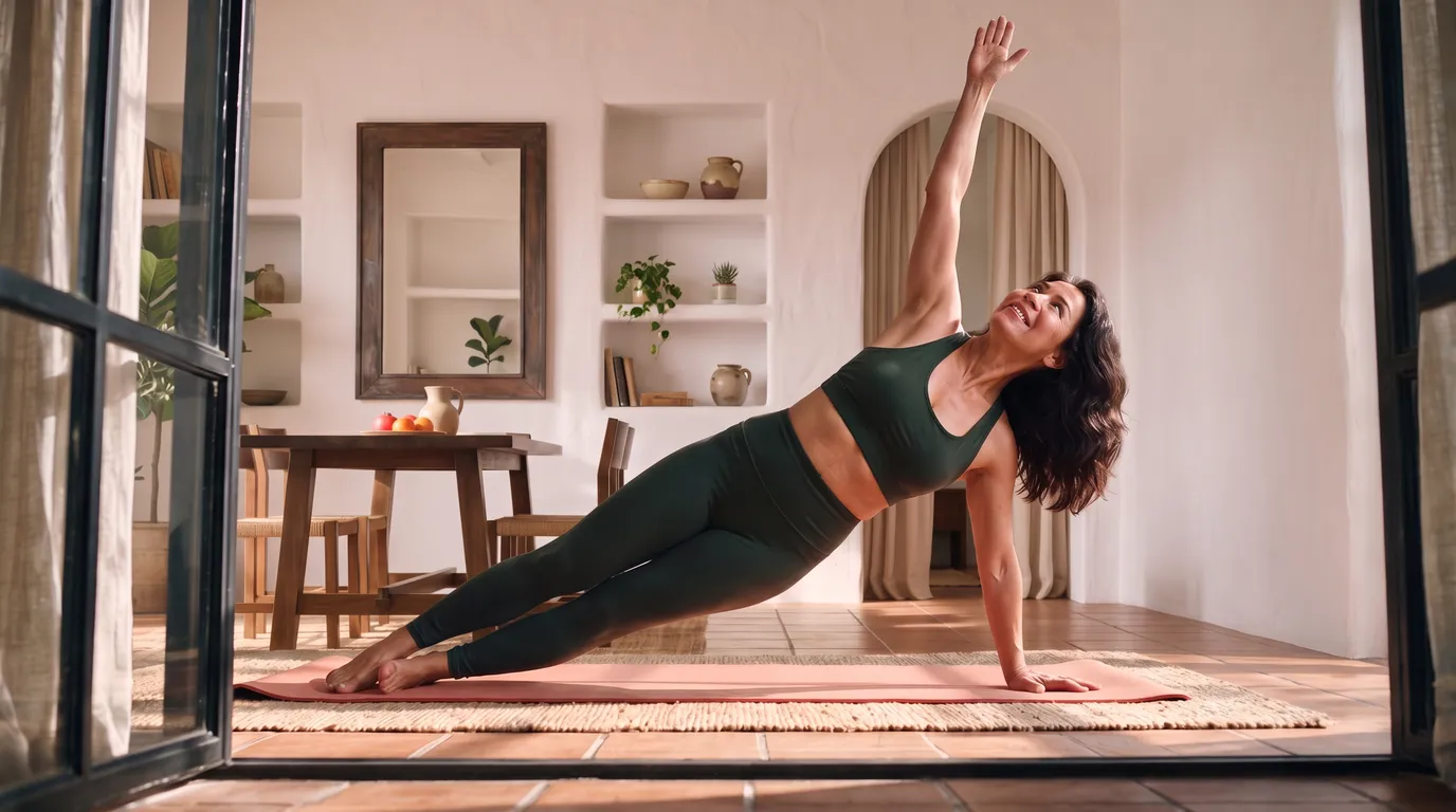 Mujer en plancha lateral sobre un tapete, con un brazo elevado, en una sala luminosa